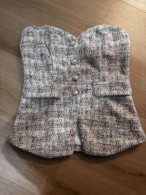 Strapless Tweed Pearl-Button Bustier Top - Multicolor on Ivory